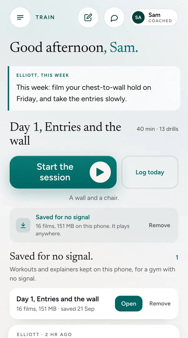 The Train screen: a note from Elliott for the week, and Day 1 ready to start